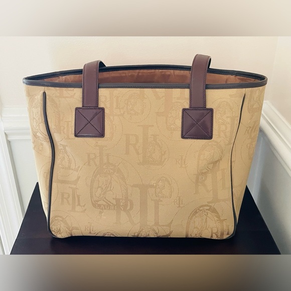 Timeless Classic Y2K Ralph Lauren Khaki Canvas And Dark Brown Leather Large Tote - Picture 4 of 15